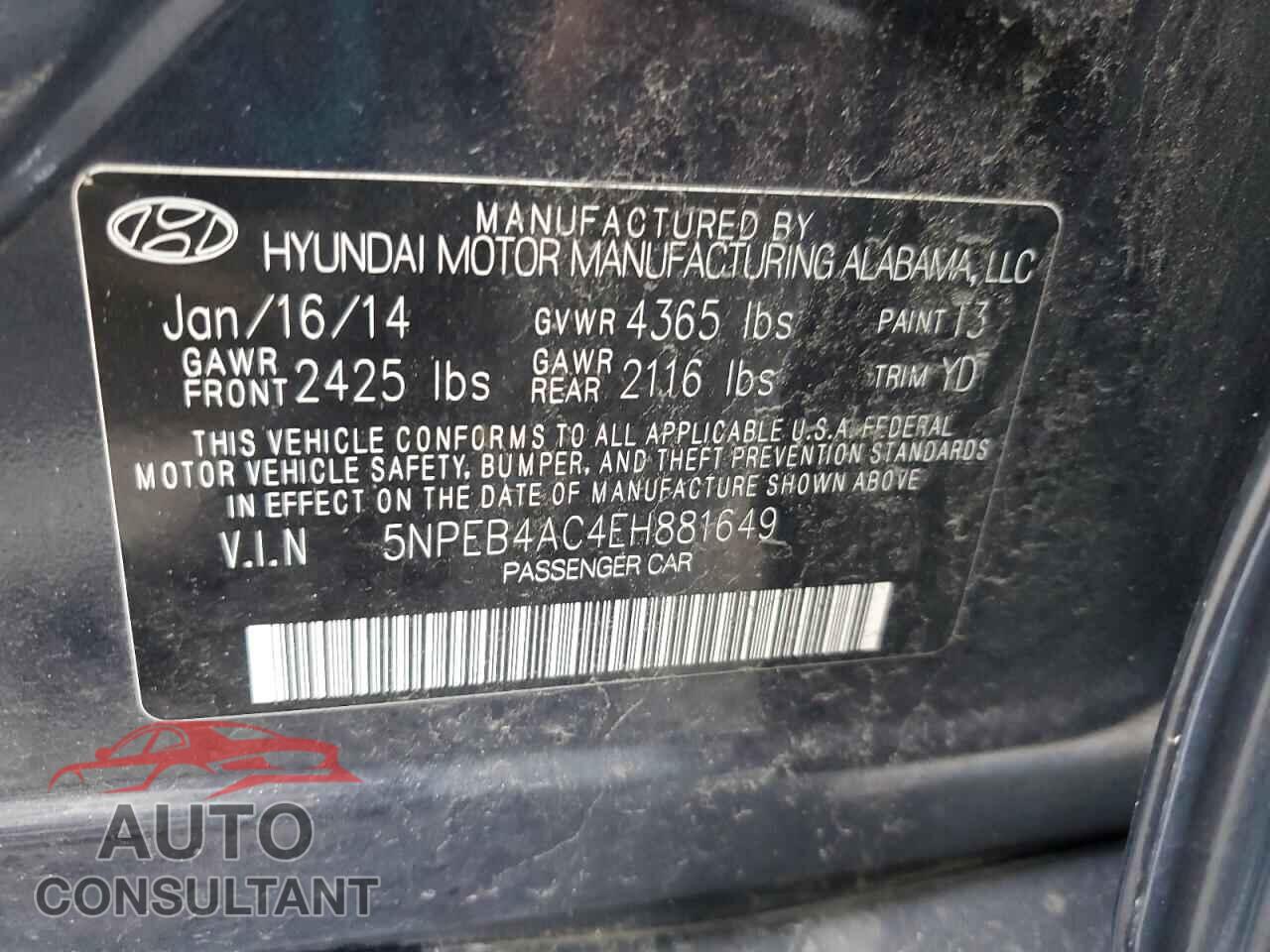 HYUNDAI SONATA 2014 - 5NPEB4AC4EH881649