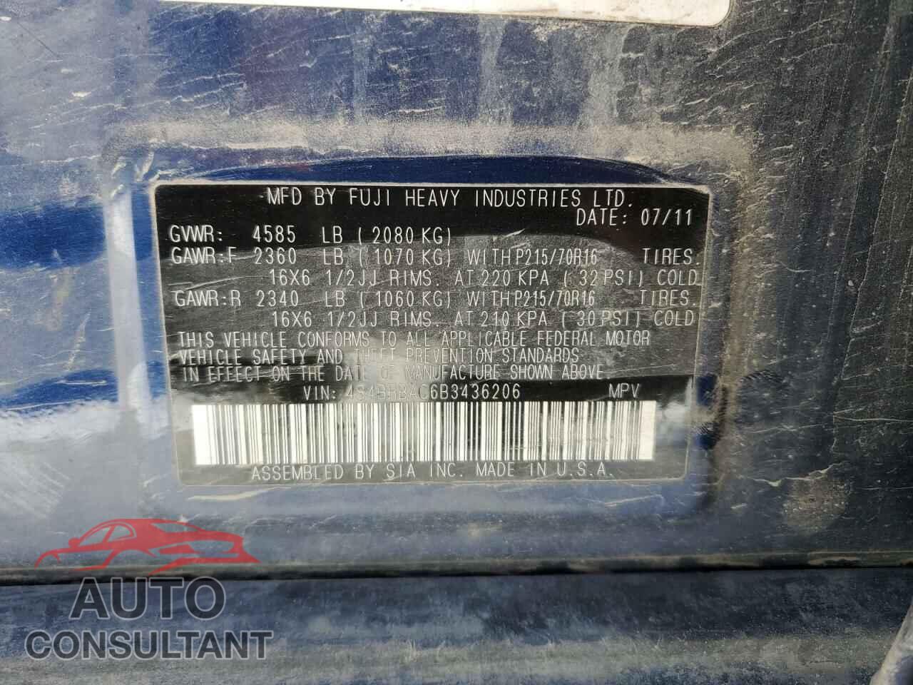 SUBARU OUTBACK 2011 - 4S4BRBAC6B3436206