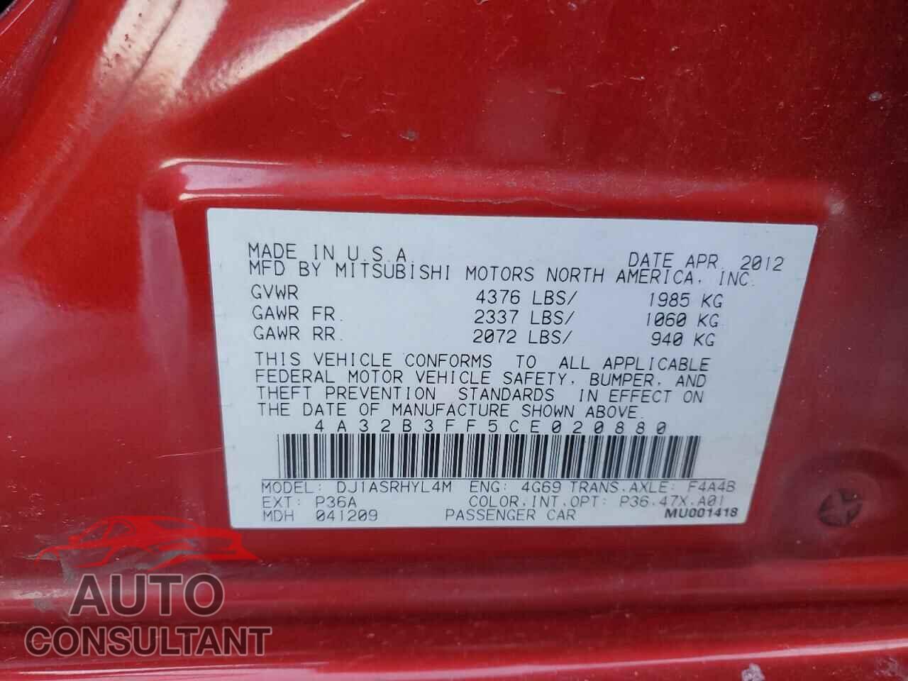 MITSUBISHI GALANT 2012 - 4A32B3FF5CE020880
