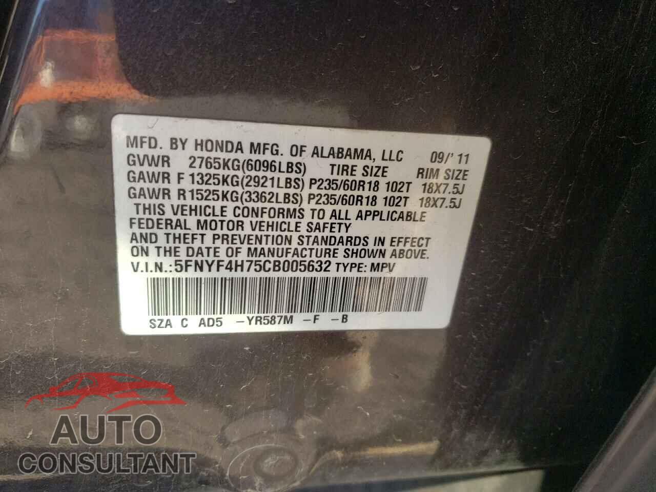 HONDA PILOT 2012 - 5FNYF4H75CB005632