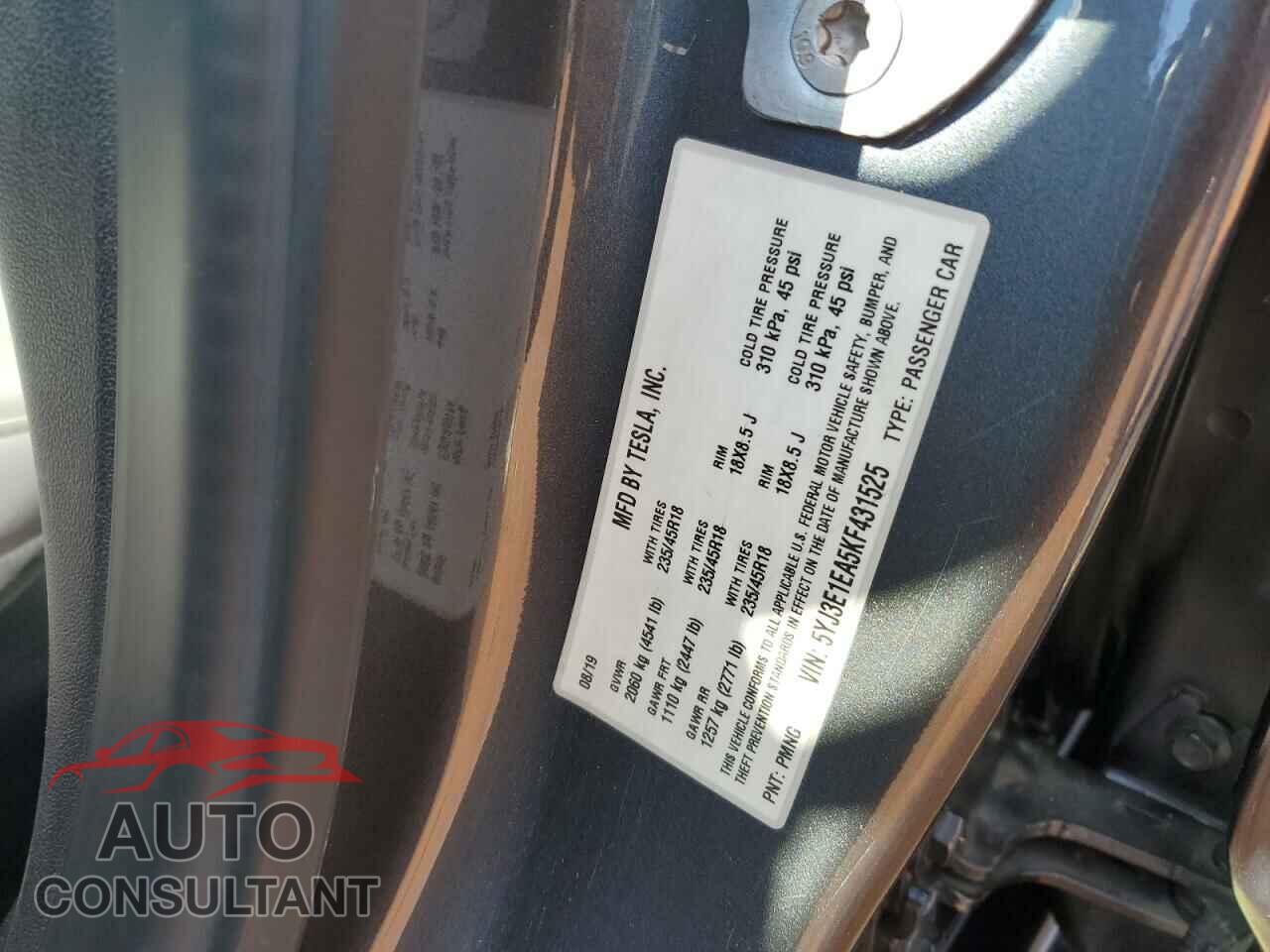 TESLA MODEL 3 2019 - 5YJ3E1EA5KF431525