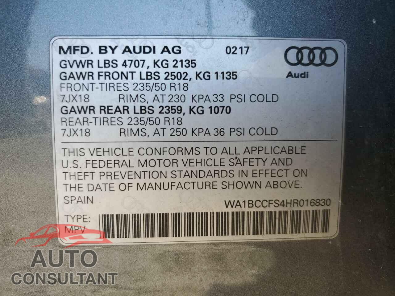 AUDI Q3 2017 - WA1BCCFS4HR016830