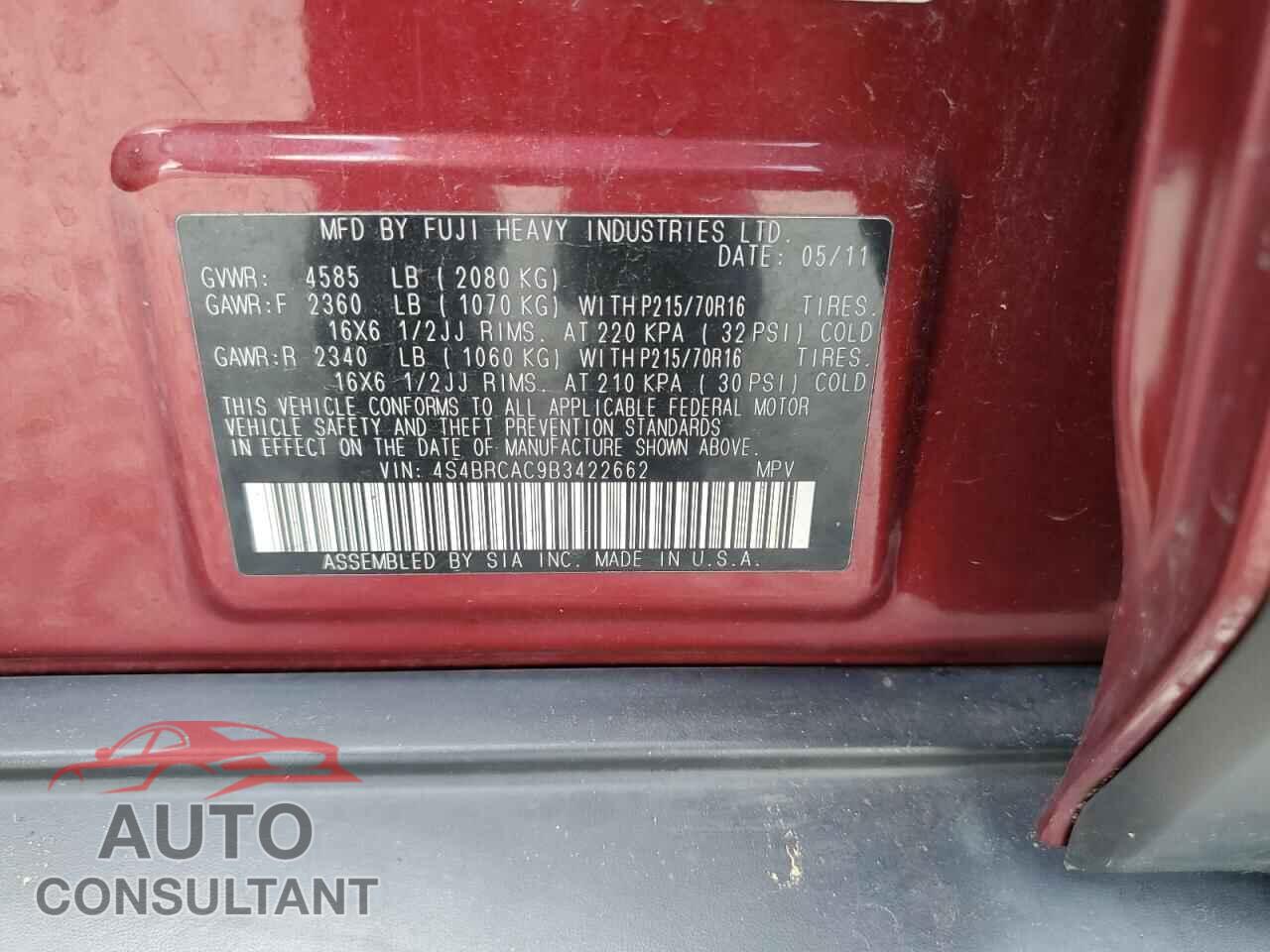 SUBARU OUTBACK 2011 - 4S4BRCAC9B3422662