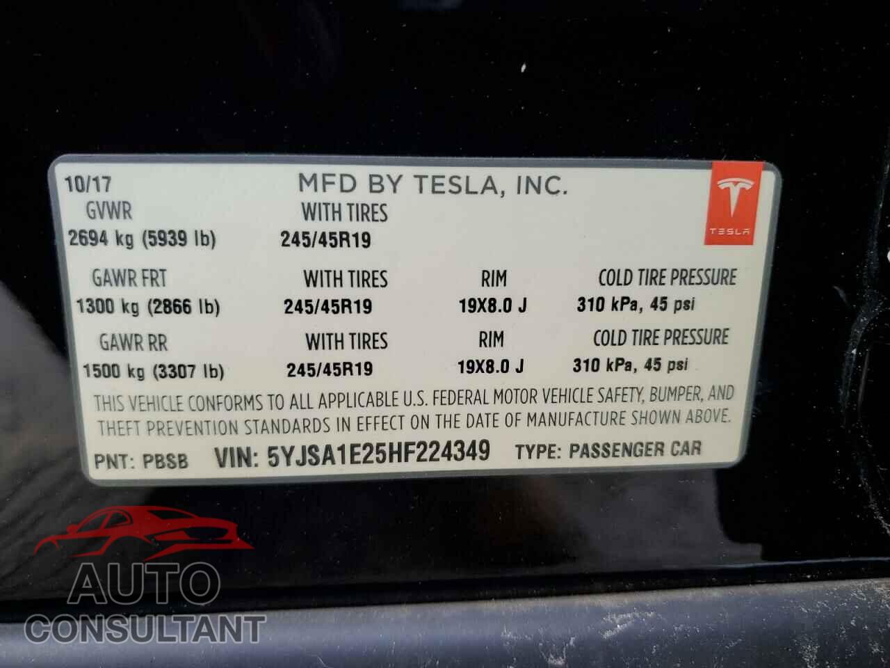TESLA MODEL S 2017 - 5YJSA1E25HF224349