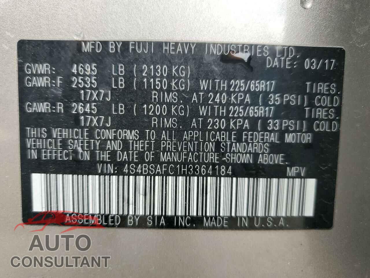 SUBARU OUTBACK 2017 - 4S4BSAFC1H3364184