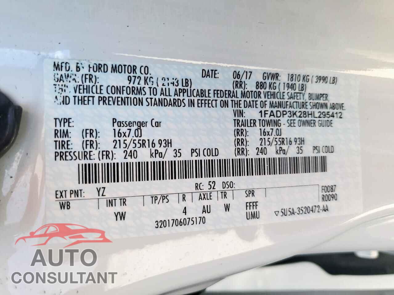 FORD FOCUS 2017 - 1FADP3K28HL295412