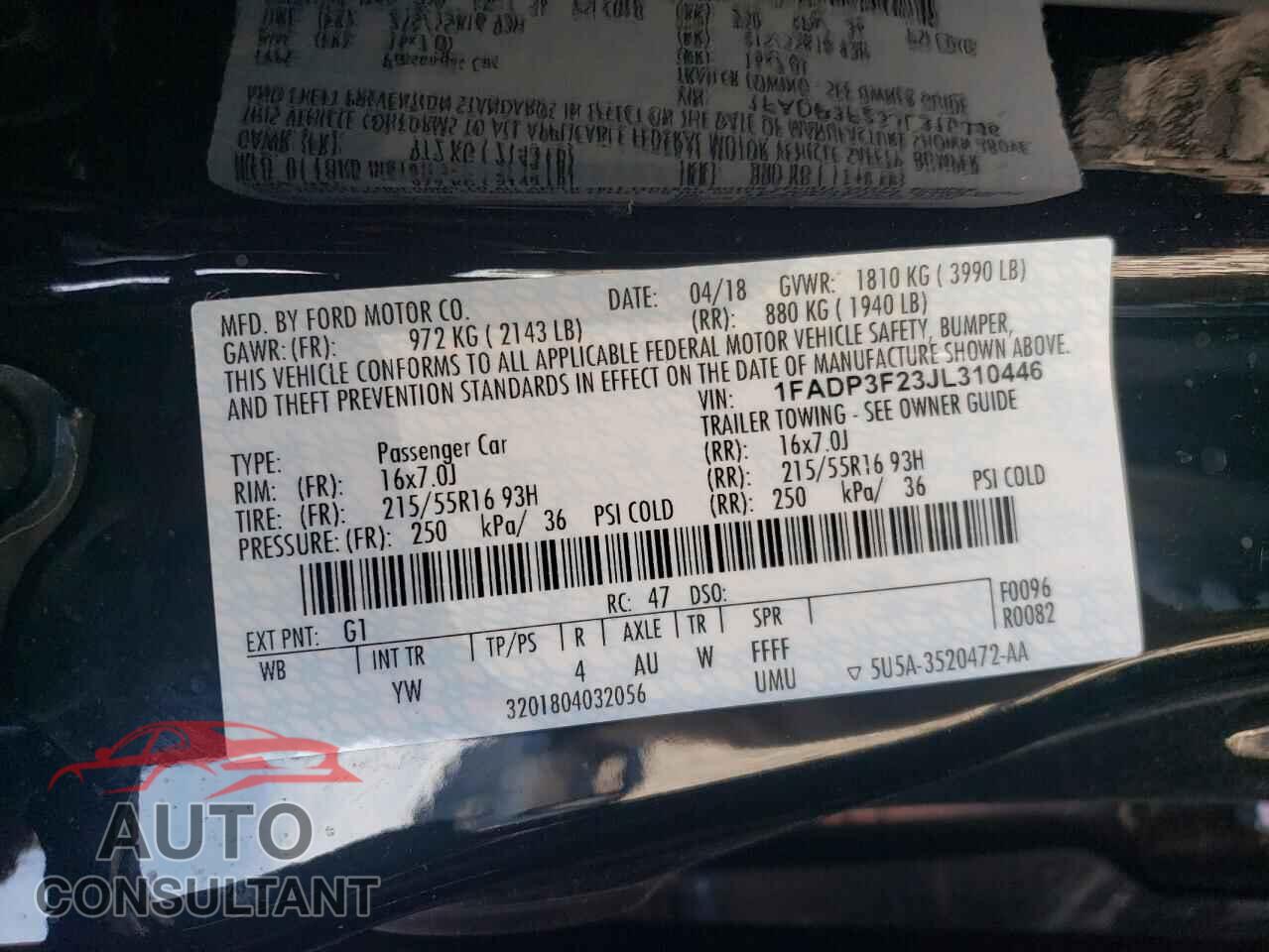 FORD FOCUS 2018 - 1FADP3F23JL310446
