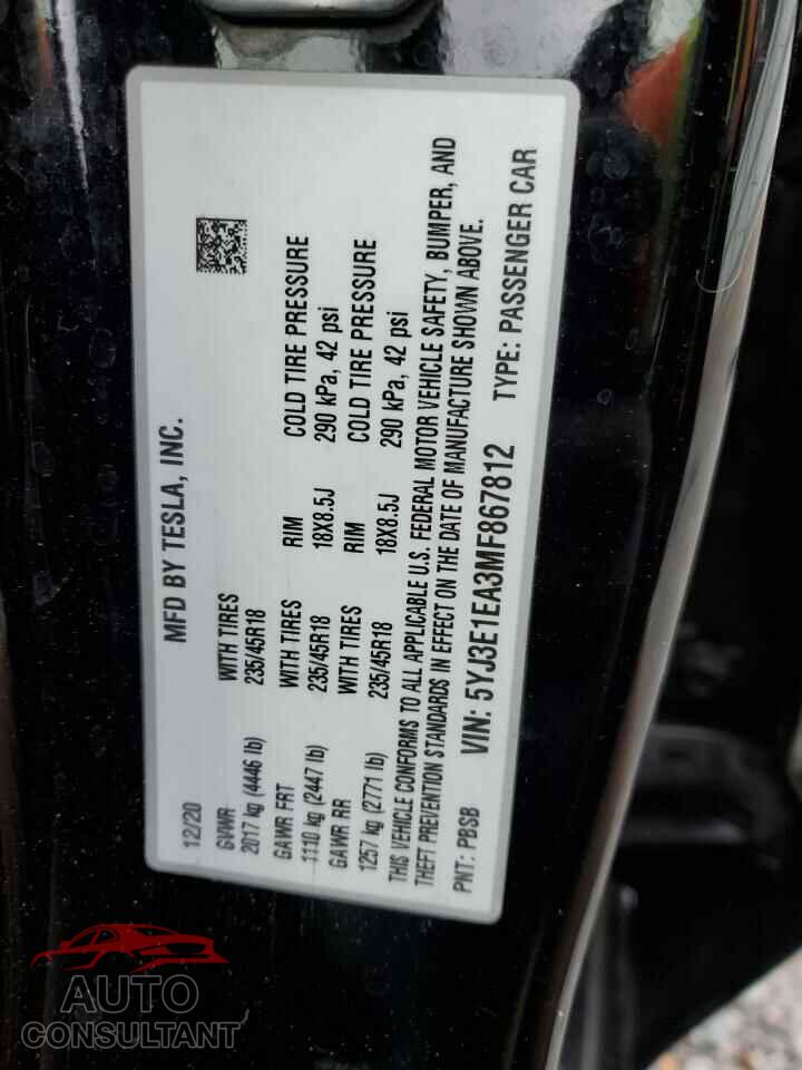 TESLA MODEL 3 2021 - 5YJ3E1EA3MF867812