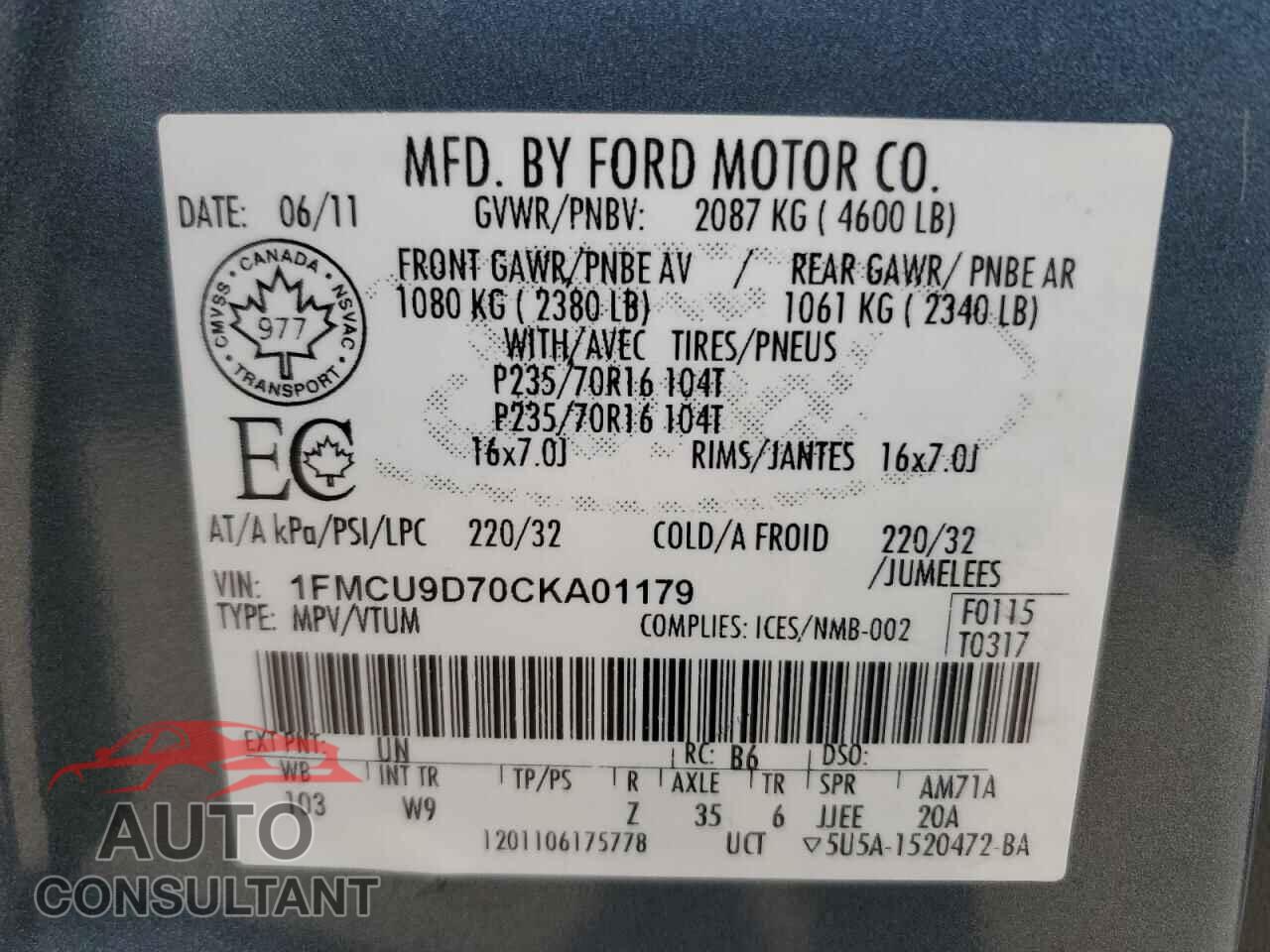 FORD ESCAPE 2012 - 1FMCU9D70CKA01179