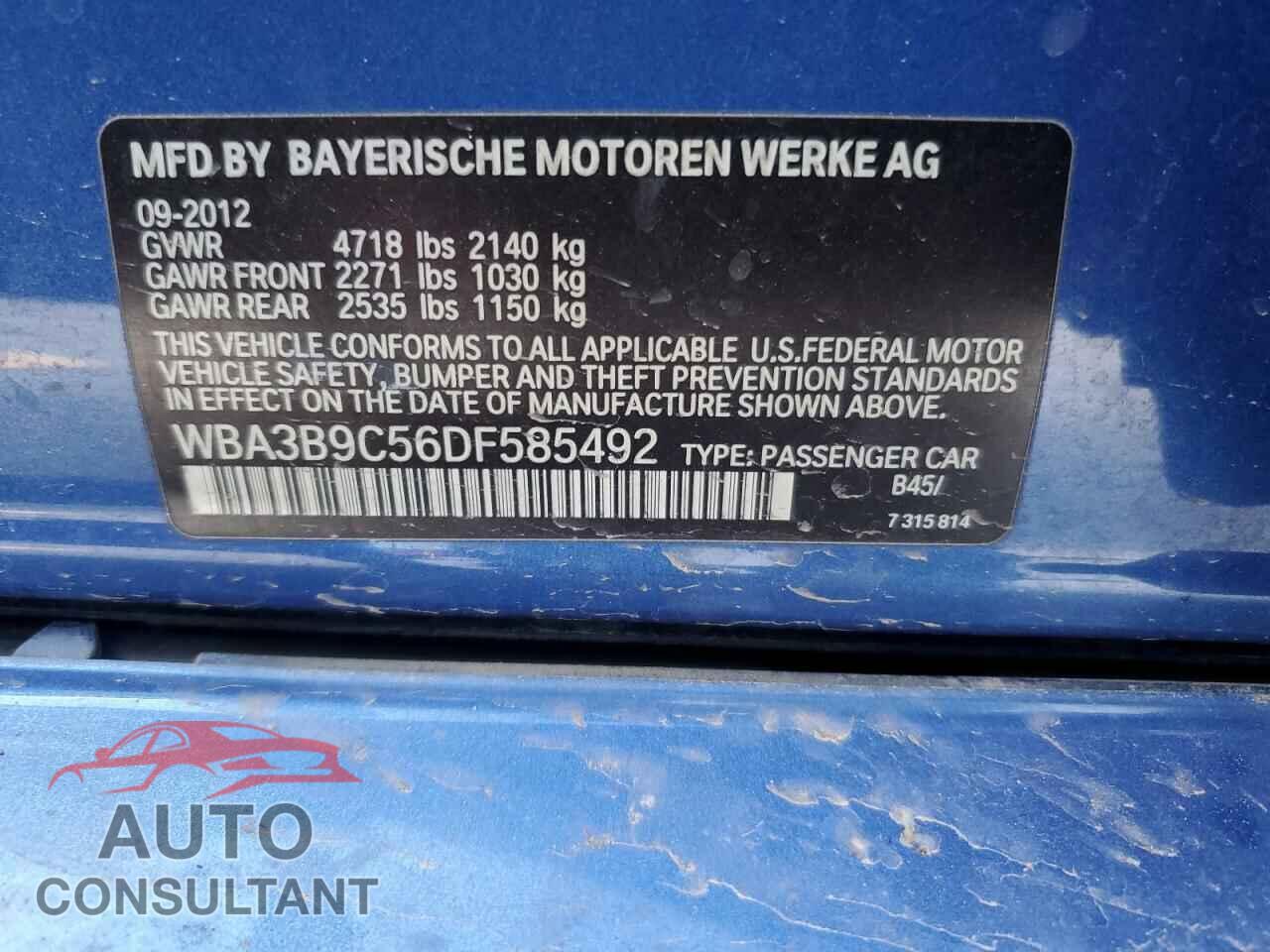 BMW 3 SERIES 2013 - WBA3B9C56DF585492