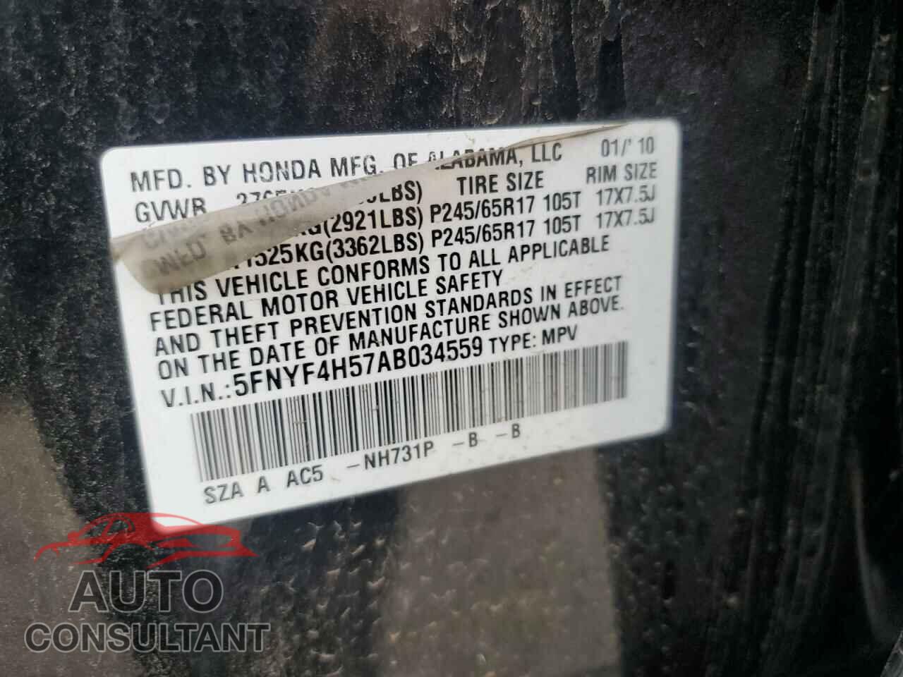 HONDA PILOT 2010 - 5FNYF4H57AB034559