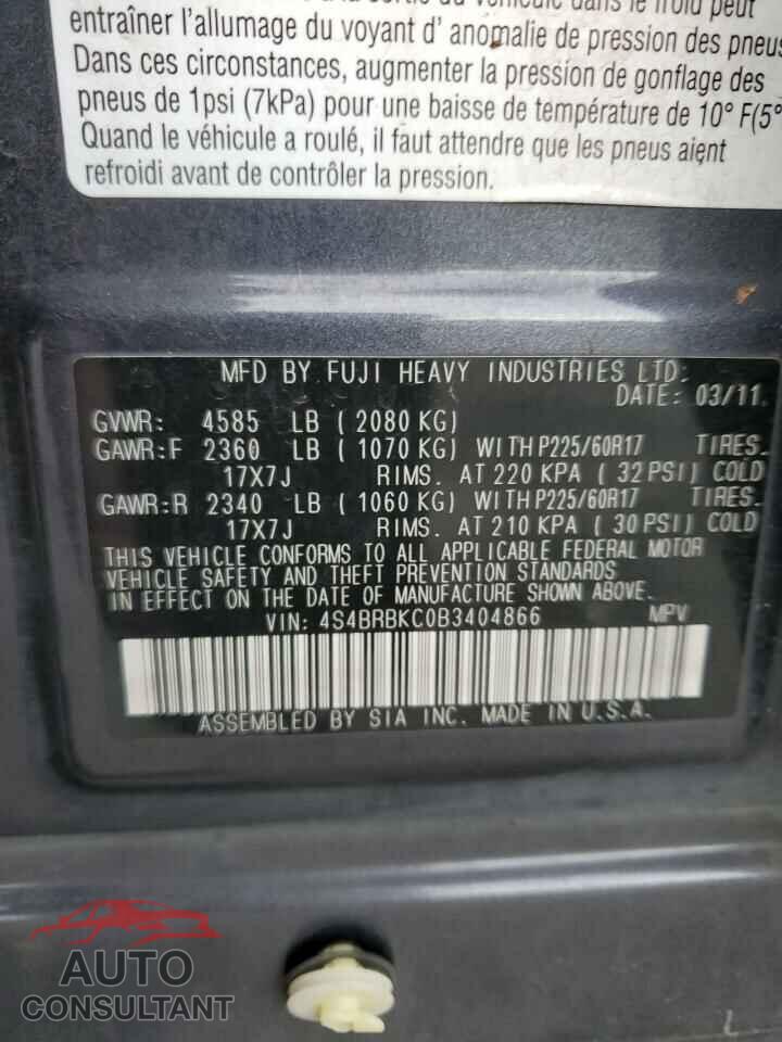 SUBARU OUTBACK 2011 - 4S4BRBKC0B3404866