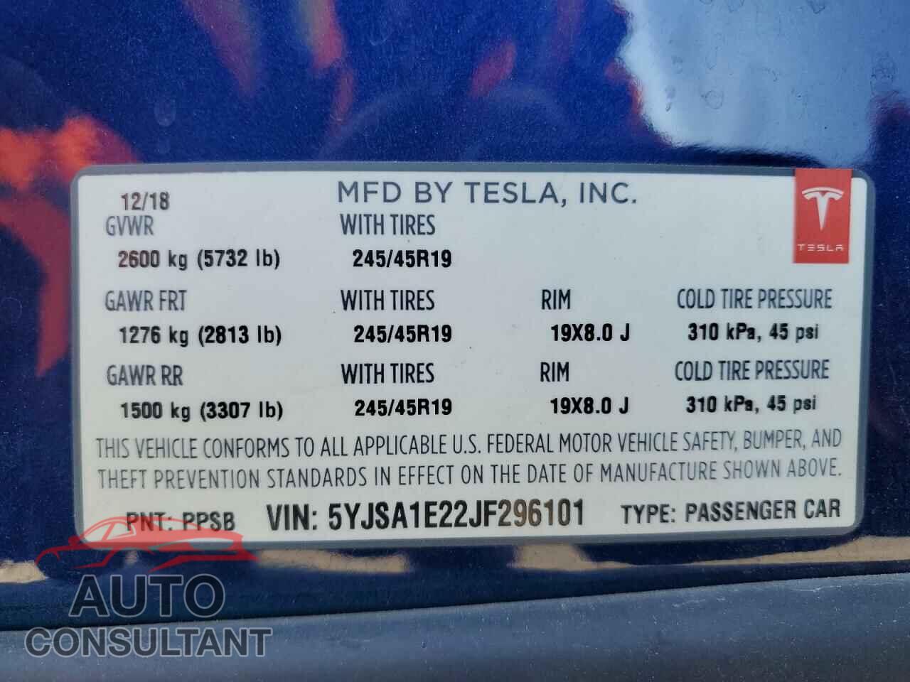 TESLA MODEL S 2018 - 5YJSA1E22JF296101