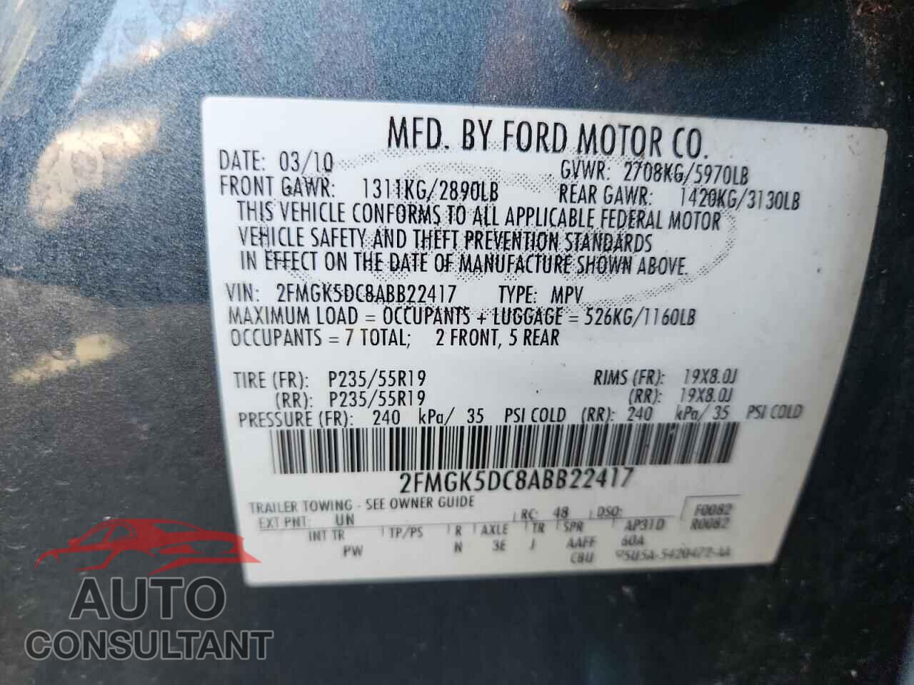 FORD FLEX 2010 - 2FMGK5DC8ABB22417