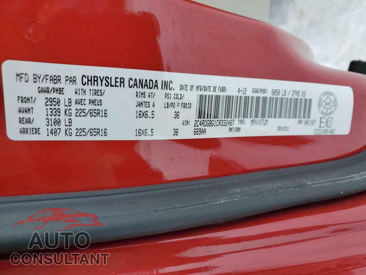 DODGE CARAVAN 2012 - 2C4RDGBG1CR332487
