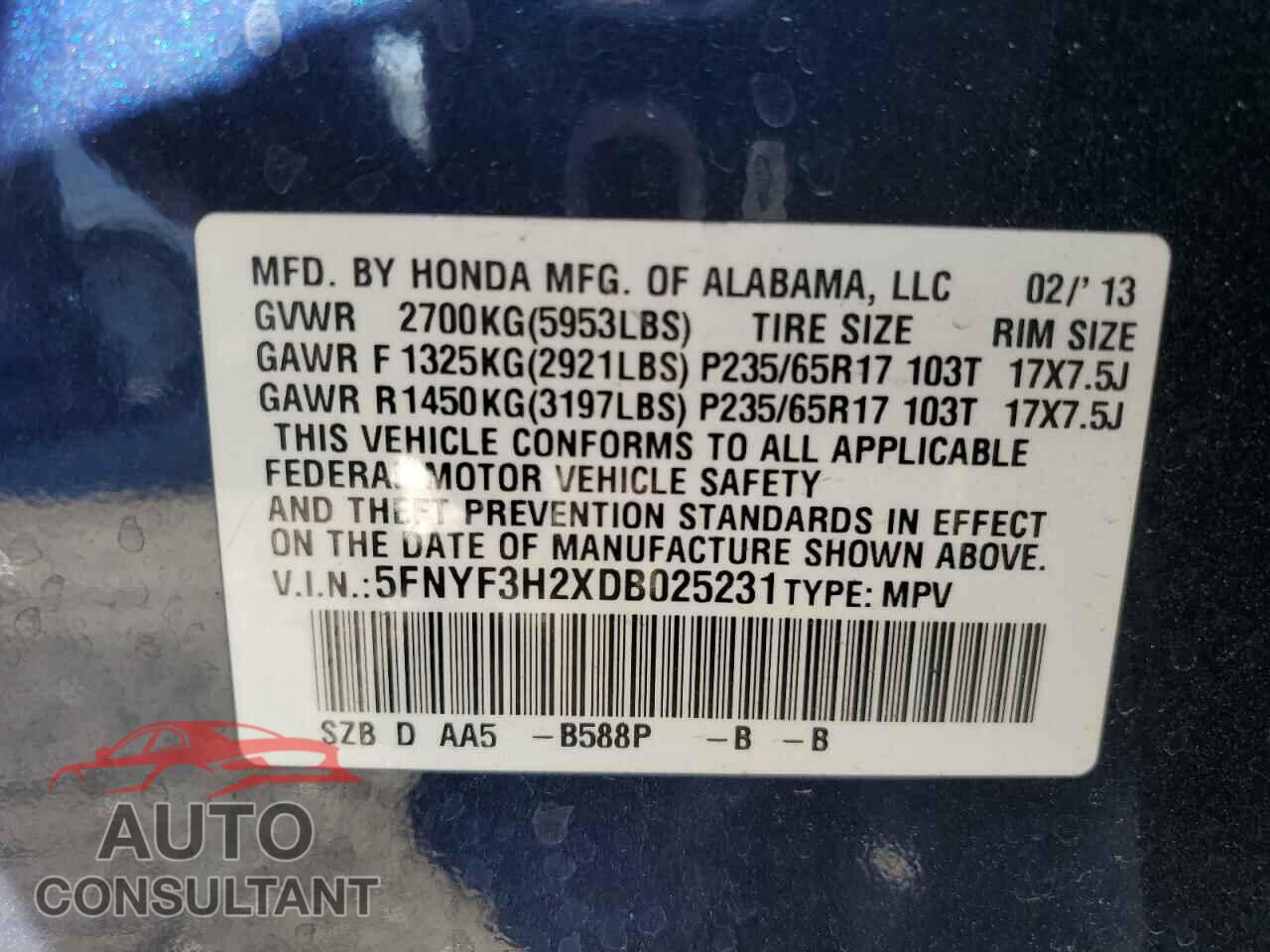 HONDA PILOT 2013 - 5FNYF3H2XDB025231