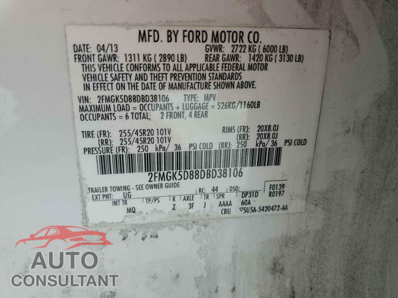 FORD FLEX 2013 - 2FMGK5D88DBD38106