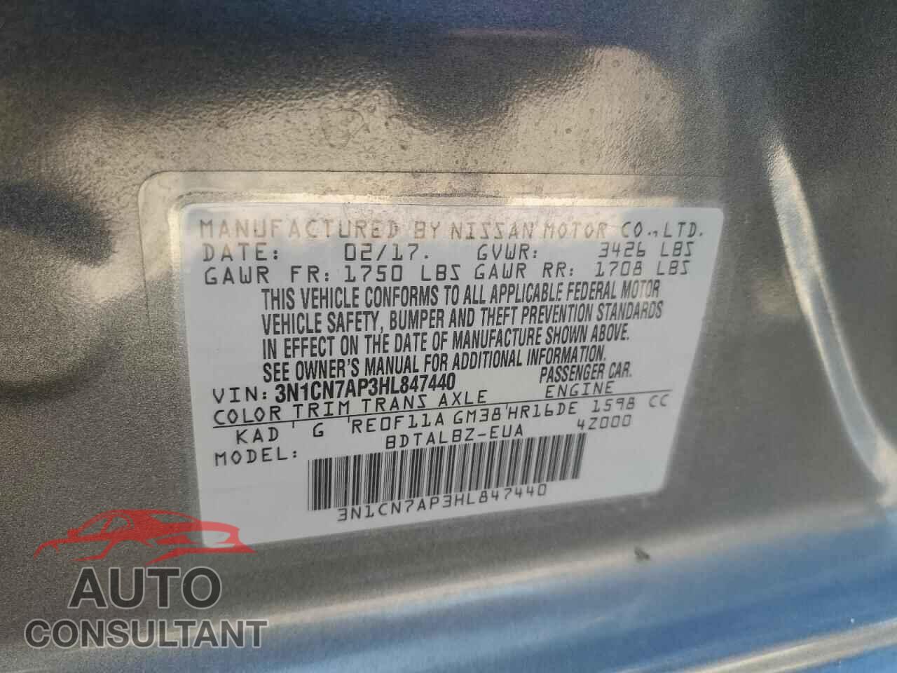 NISSAN VERSA 2017 - 3N1CN7AP3HL847440