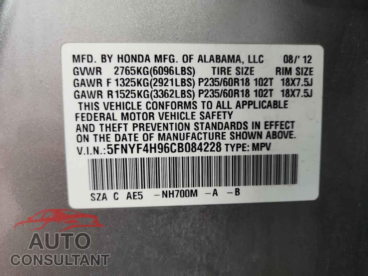 HONDA PILOT 2012 - 5FNYF4H96CB084228