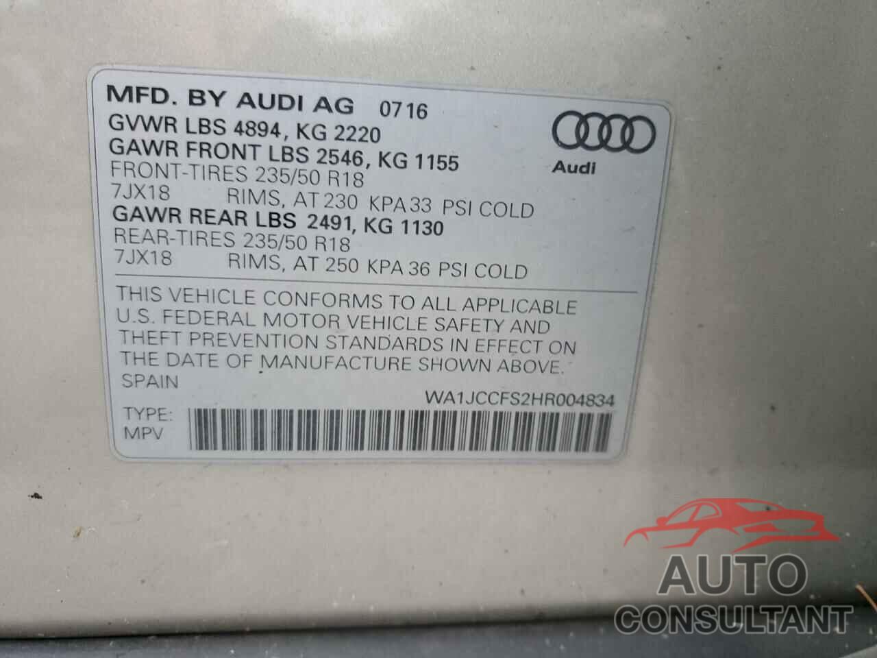 AUDI Q3 2017 - WA1JCCFS2HR004834