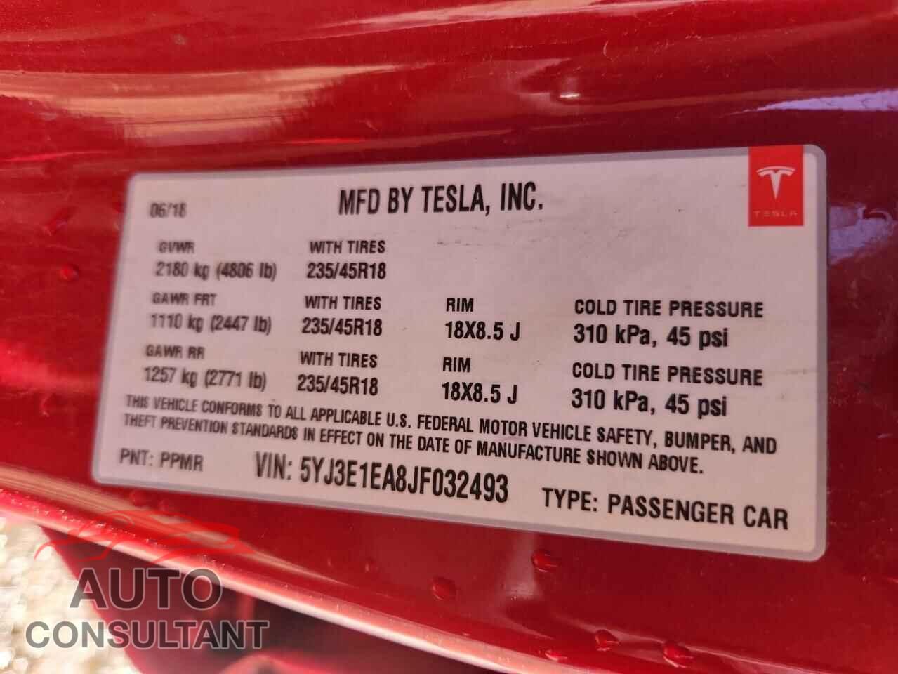 TESLA MODEL 3 2018 - 5YJ3E1EA8JF032493