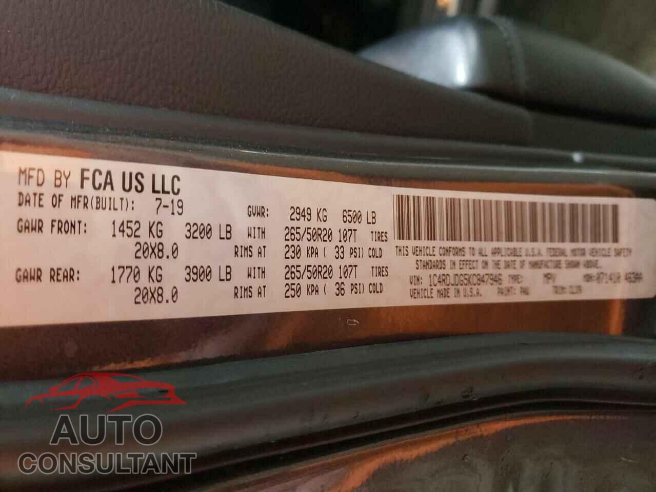 DODGE DURANGO 2019 - 1C4RDJDG5KC847946