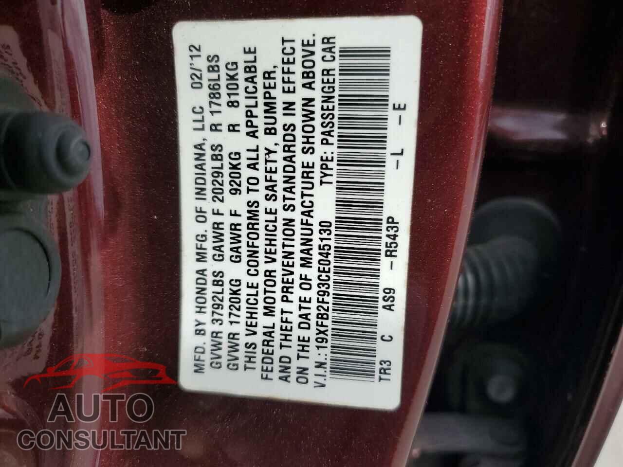 HONDA CIVIC 2012 - 19XFB2F93CE045130