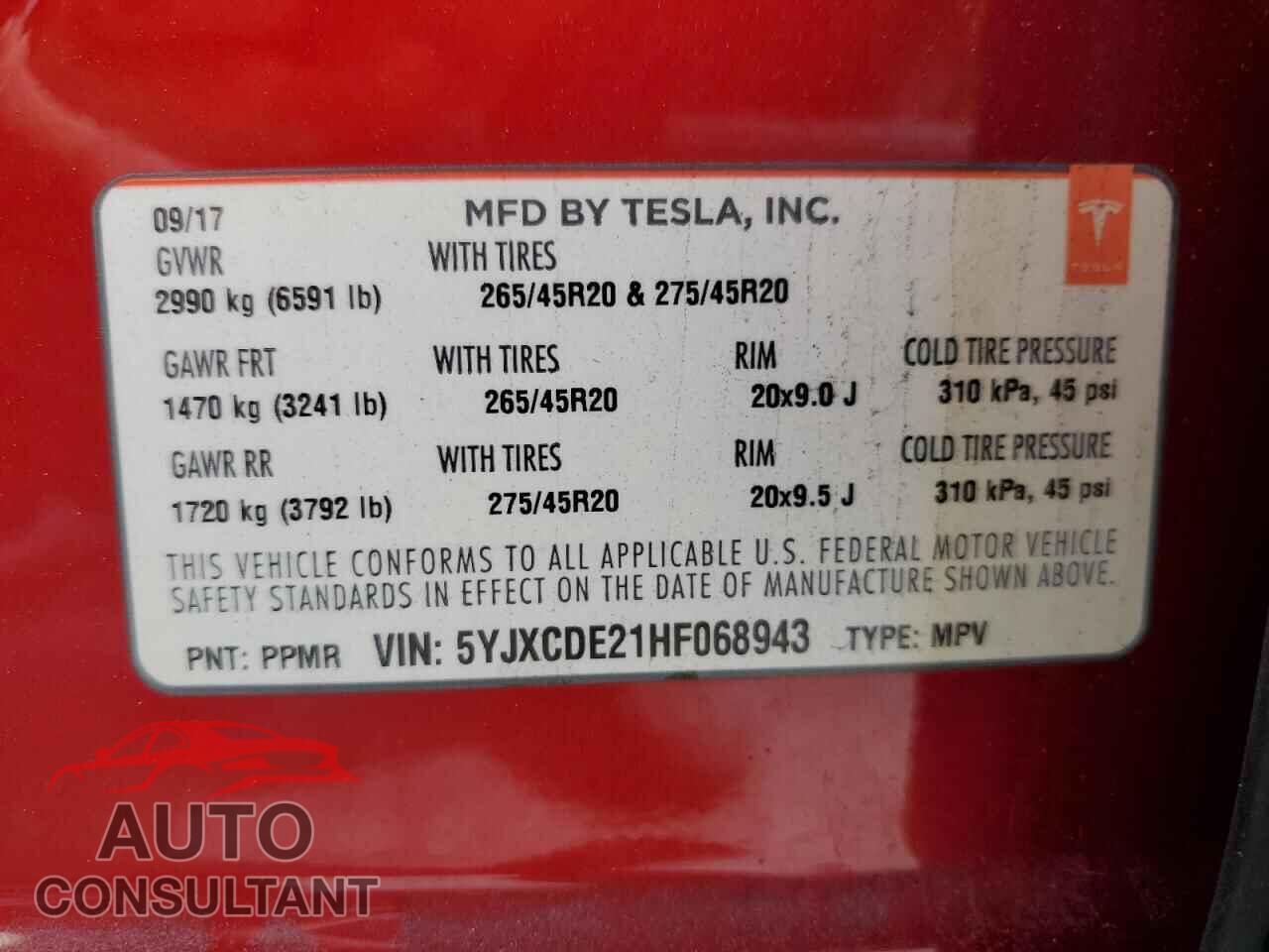 TESLA MODEL X 2017 - 5YJXCDE21HF068943