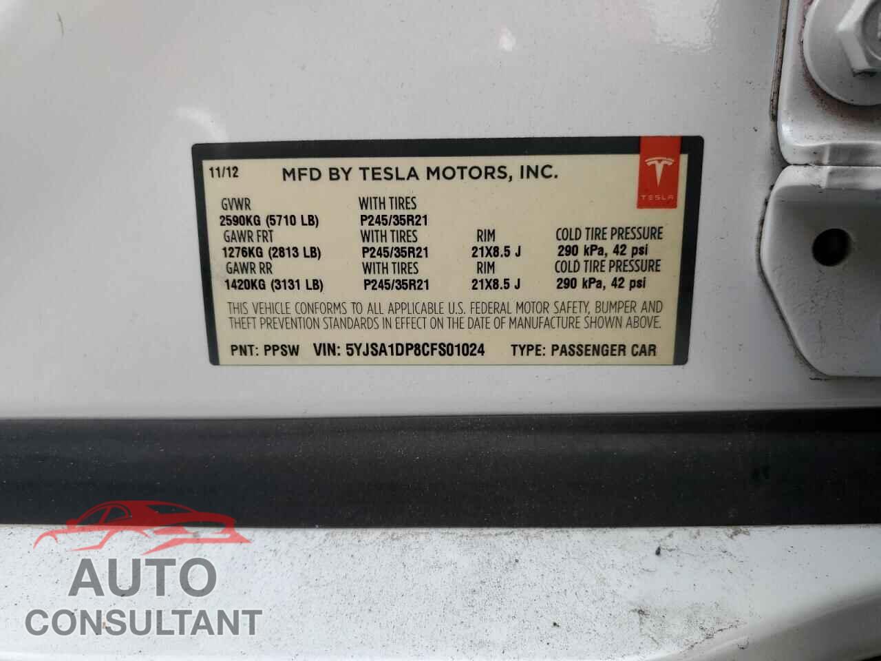 TESLA MODEL S 2012 - 5YJSA1DP8CFS01024