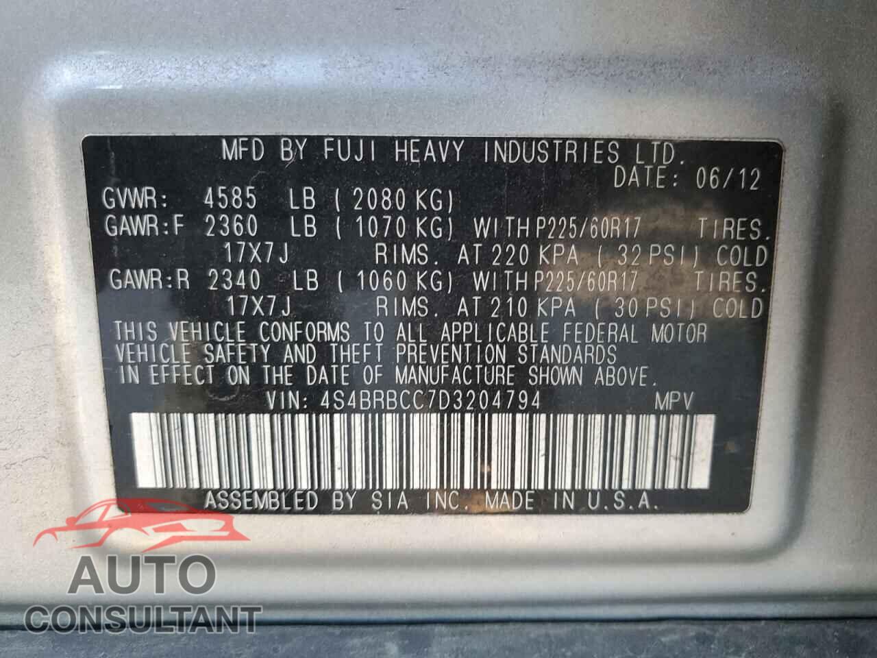 SUBARU OUTBACK 2013 - 4S4BRBCC7D3204794