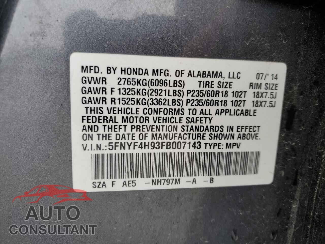 HONDA PILOT 2015 - 5FNYF4H93FB007143