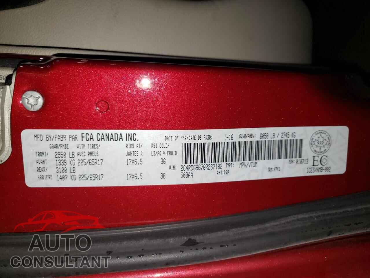 DODGE CARAVAN 2016 - 2C4RDGBG7GR267182