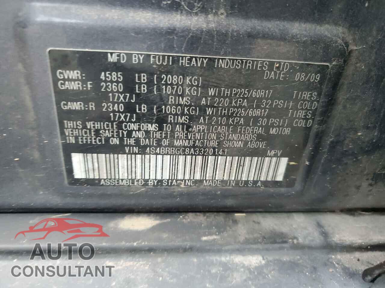 SUBARU OUTBACK 2010 - 4S4BRBGC8A3320141