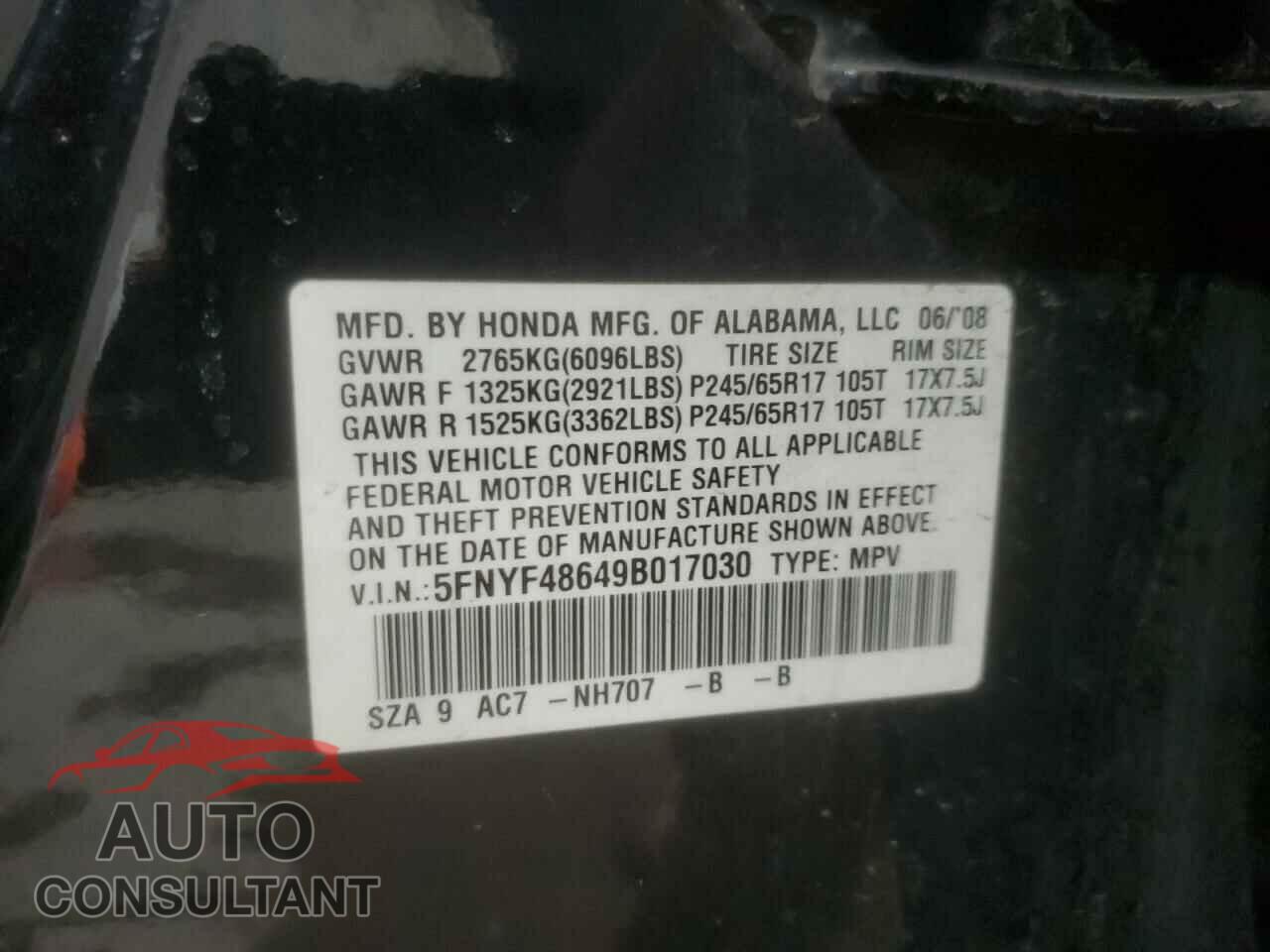 HONDA PILOT 2009 - 5FNYF48649B017030