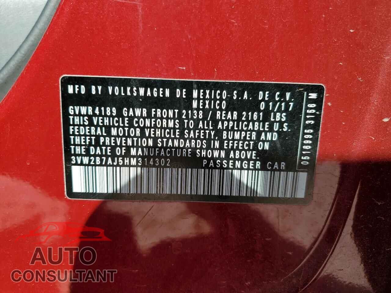 VOLKSWAGEN JETTA 2017 - 3VW2B7AJ5HM314302