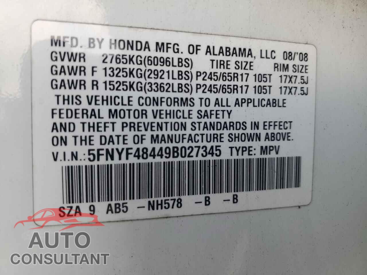 HONDA PILOT 2009 - 5FNYF48449B027345