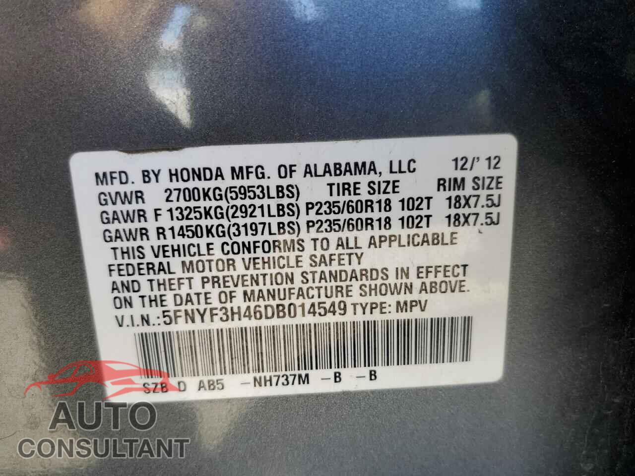 HONDA PILOT 2013 - 5FNYF3H46DB014549