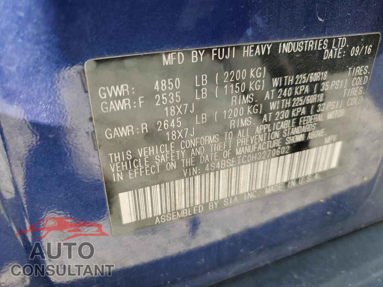 SUBARU OUTBACK 2017 - 4S4BSETC0H3270602