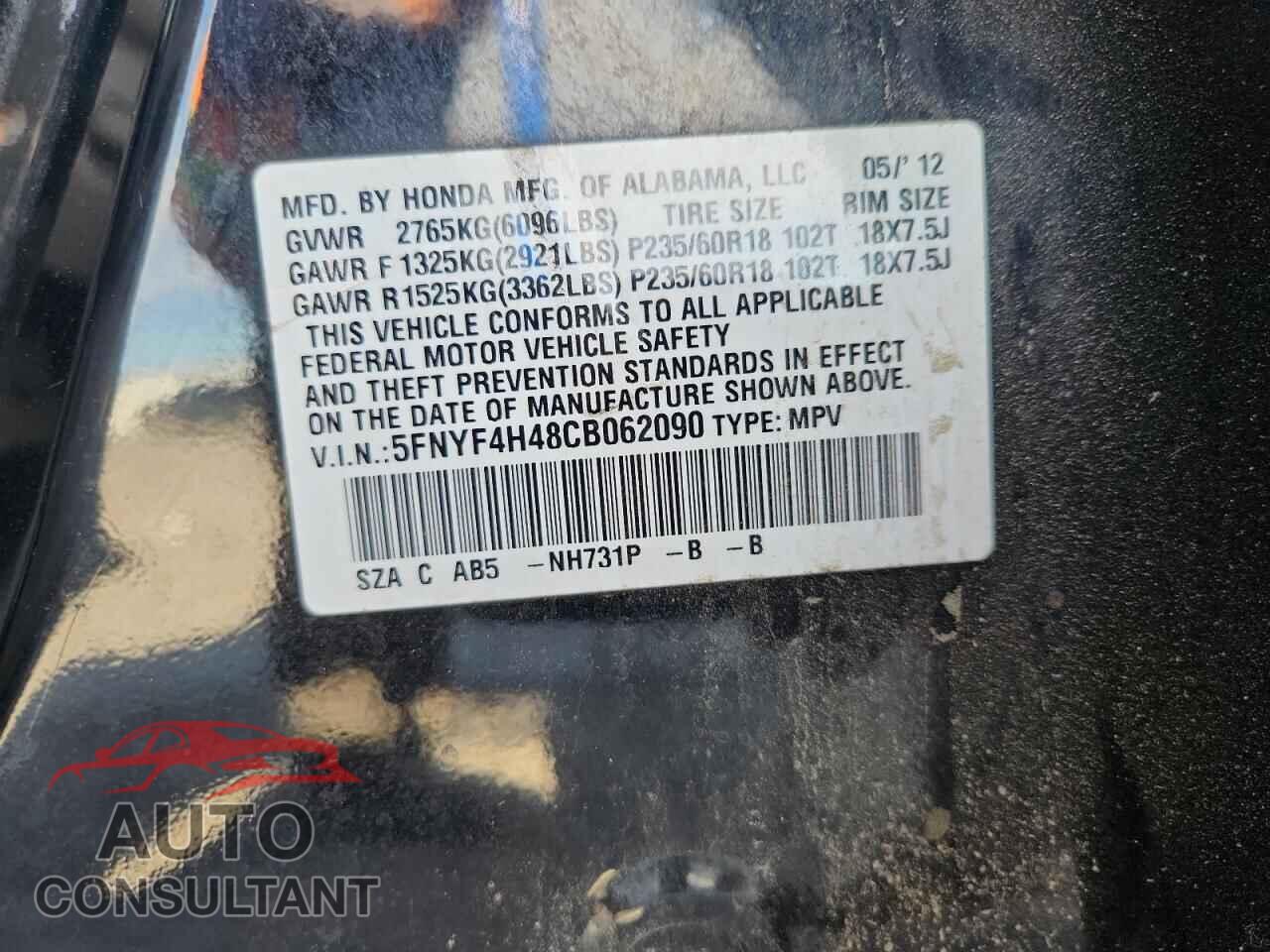 HONDA PILOT 2012 - 5FNYF4H48CB062090