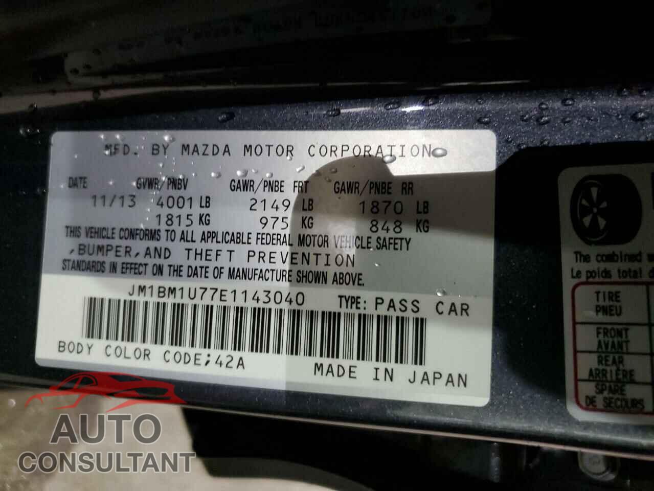 MAZDA 3 2014 - JM1BM1U77E1143040