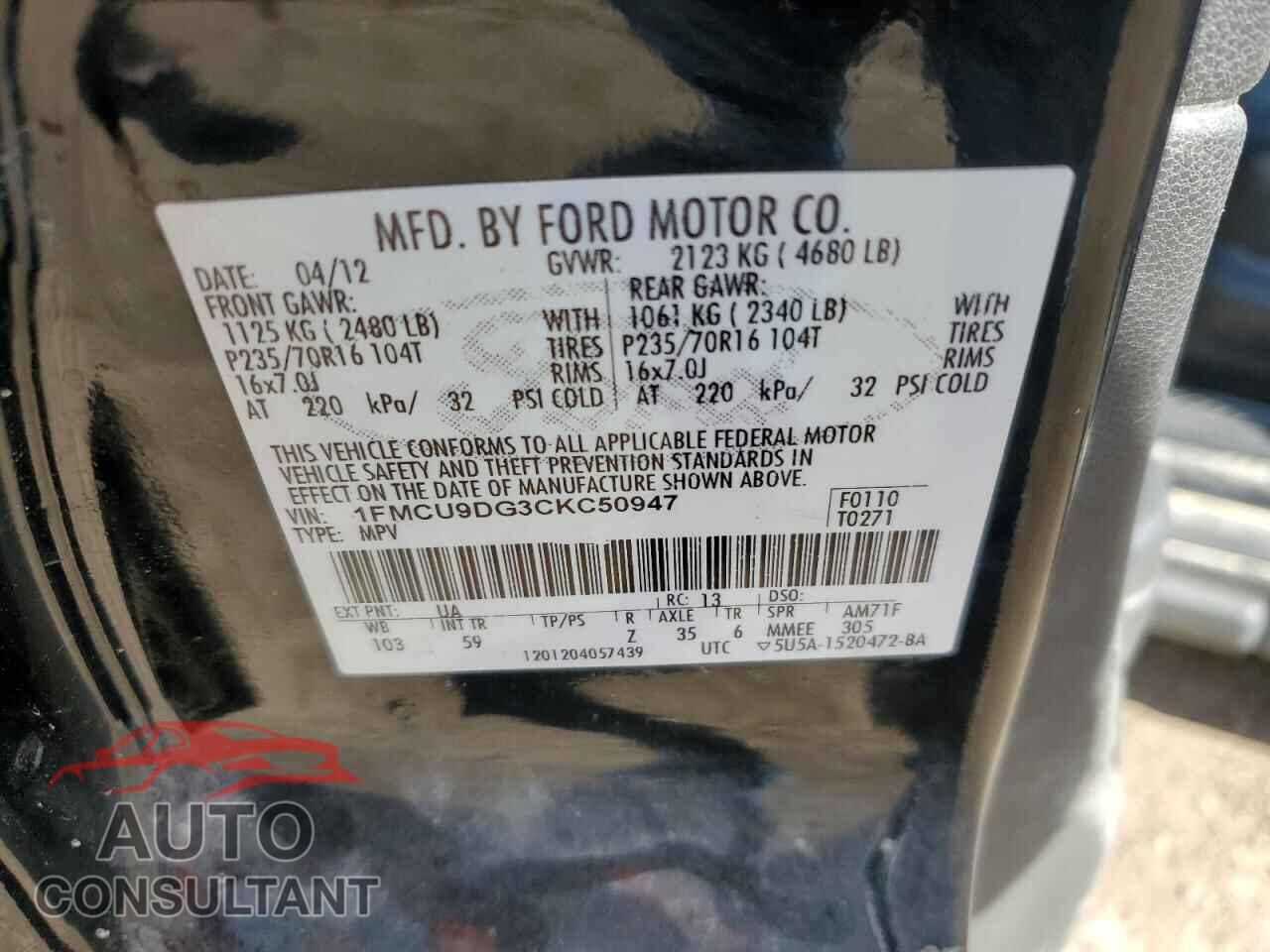 FORD ESCAPE 2012 - 1FMCU9DG3CKC50947