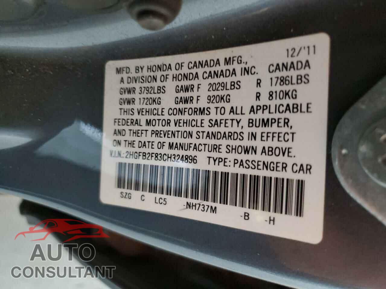 HONDA CIVIC 2012 - 2HGFB2F83CH324896