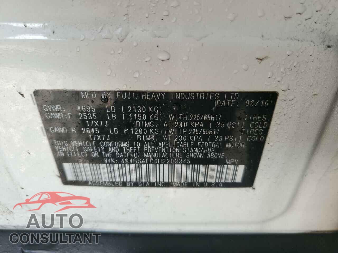 SUBARU OUTBACK 2017 - 4S4BSAFC6H3203345