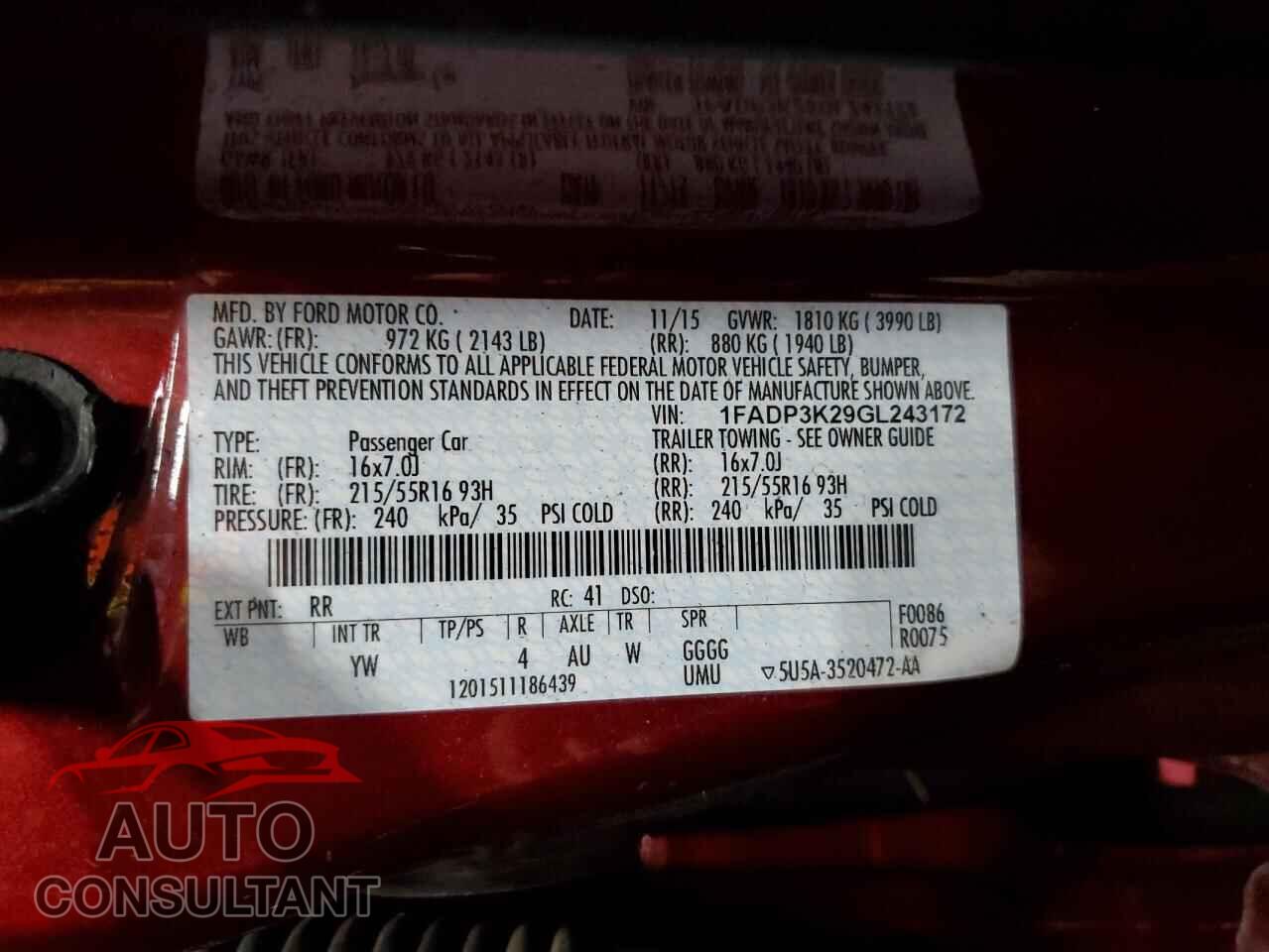 FORD FOCUS 2016 - 1FADP3K29GL243172