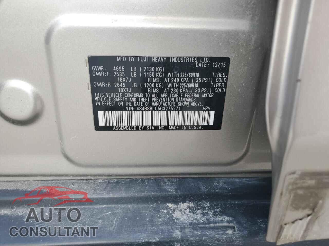 SUBARU OUTBACK 2016 - 4S4BSBLC5G3275274