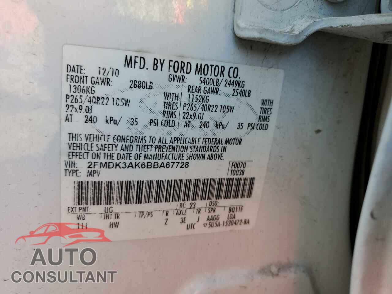 FORD EDGE 2011 - 2FMDK3AK6BBA67728