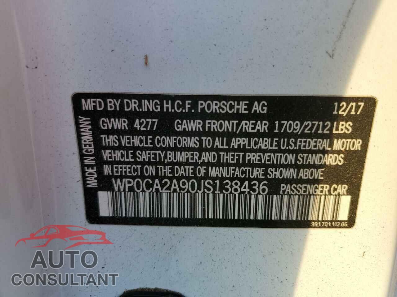 PORSCHE 911 2018 - WP0CA2A90JS138436