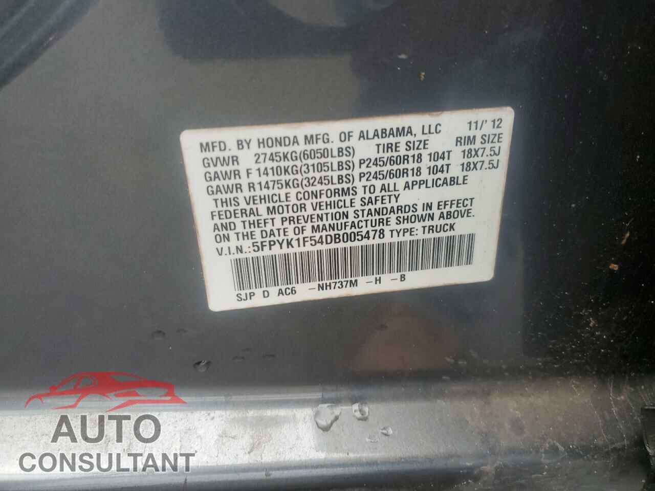HONDA RIDGELINE 2013 - 5FPYK1F54DB005478