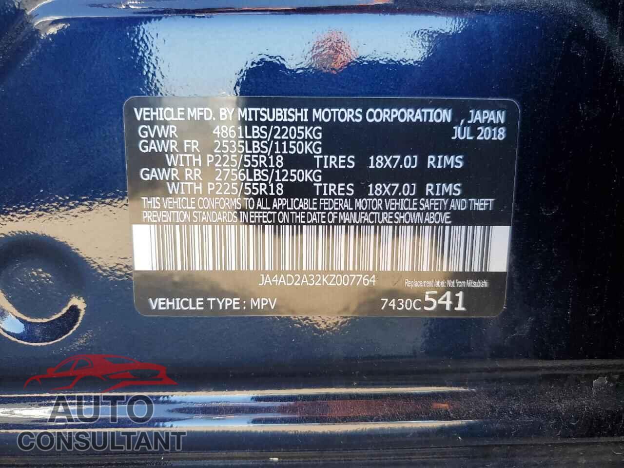 MITSUBISHI OUTLANDER 2019 - JA4AD2A32KZ007764