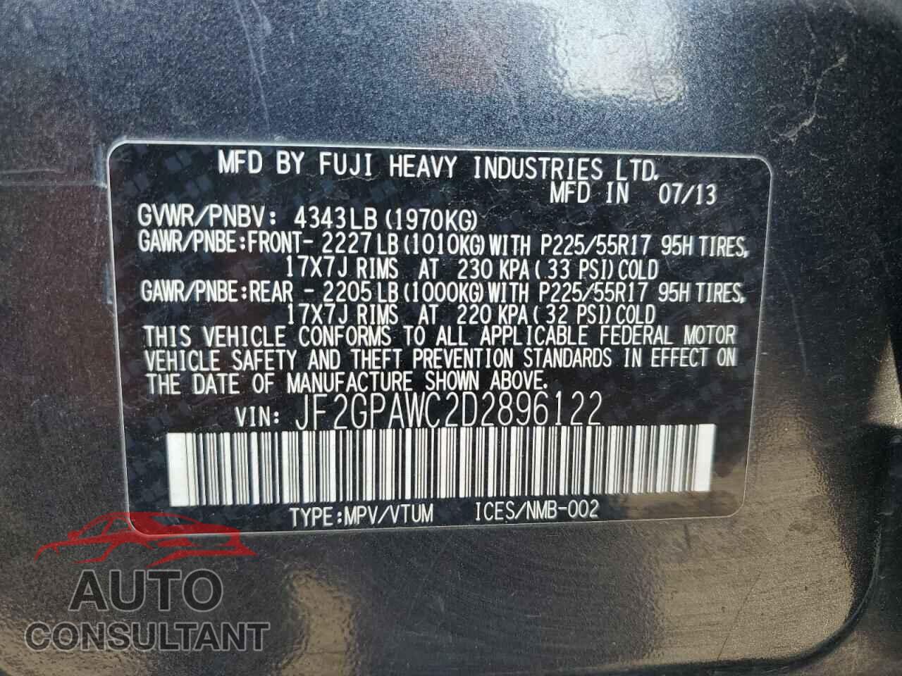 SUBARU XV 2013 - JF2GPAWC2D2896122